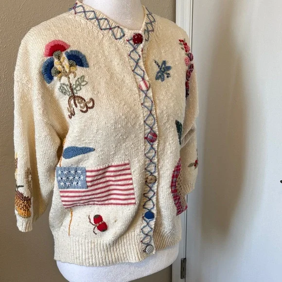 Americana 1990 Embroidered Cream Cardigan Sweater -size M? - Picture 1 of 13